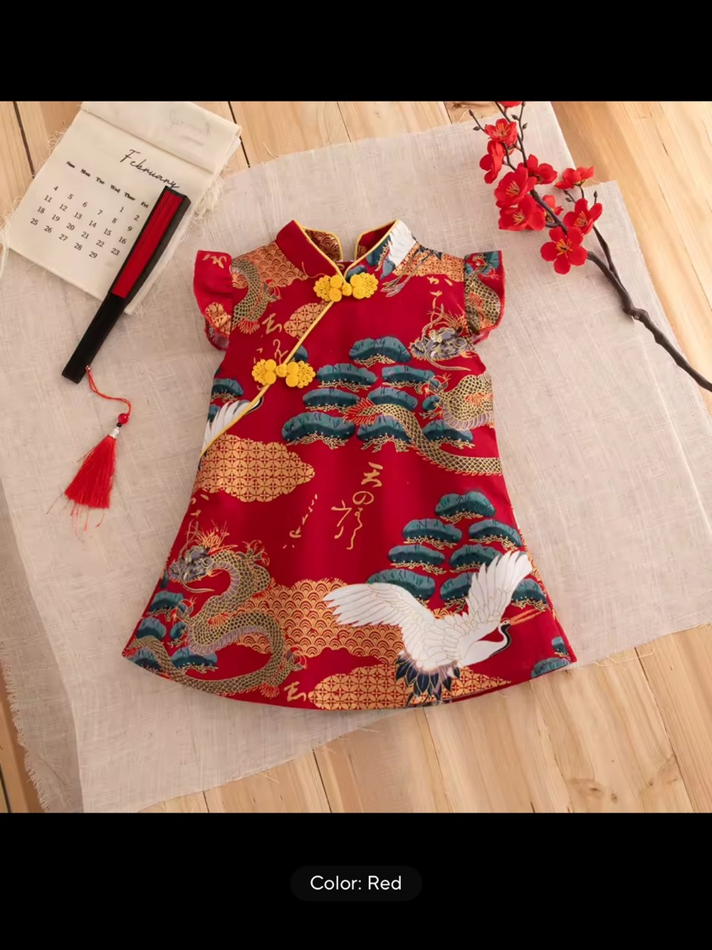 Girls Red Asian-Inspired Dragon & Crane Dress cheongsam qipao